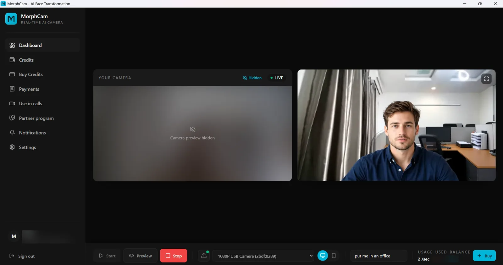 MorphCam with the camera preview hidden on the left and the live AI character on the right