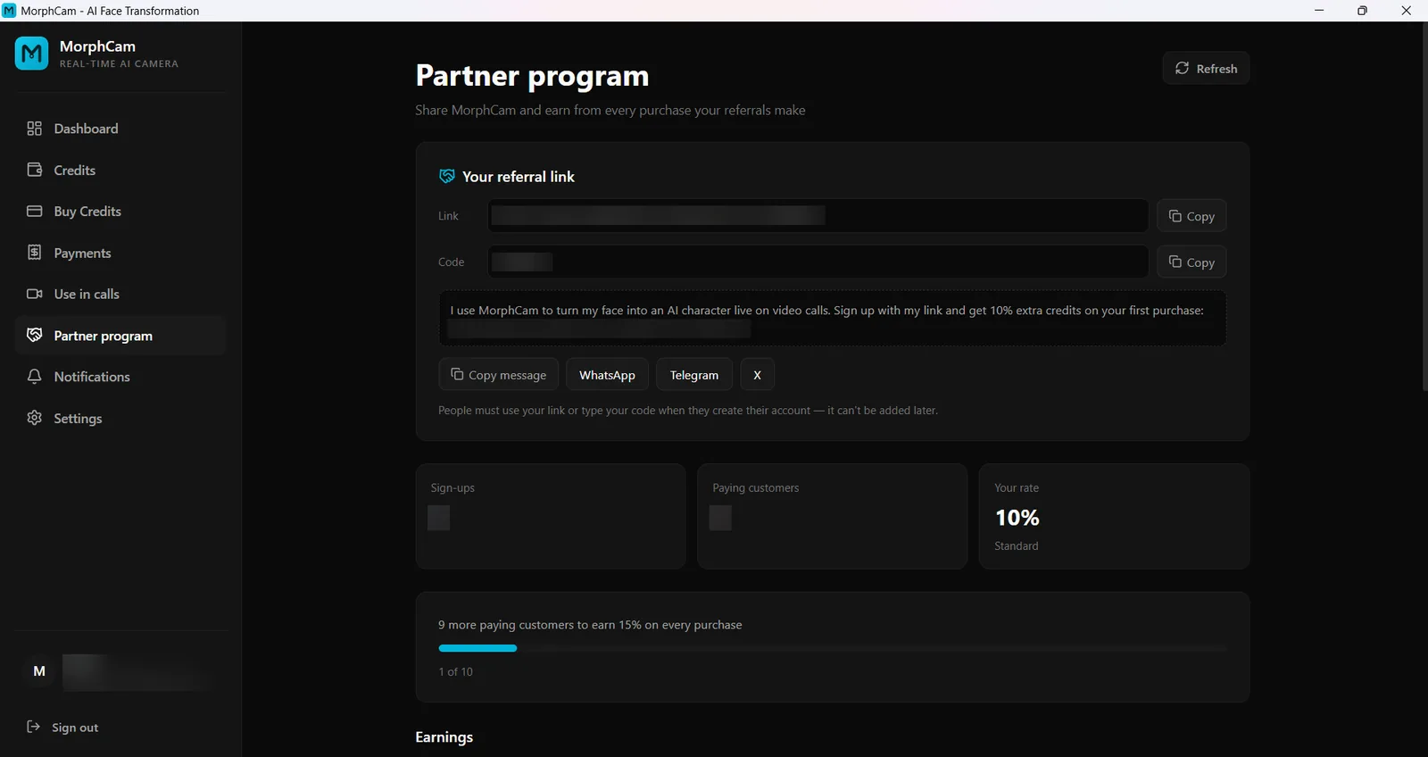 The MorphCam partner dashboard showing the referral link, sign-ups, paying customers and rate