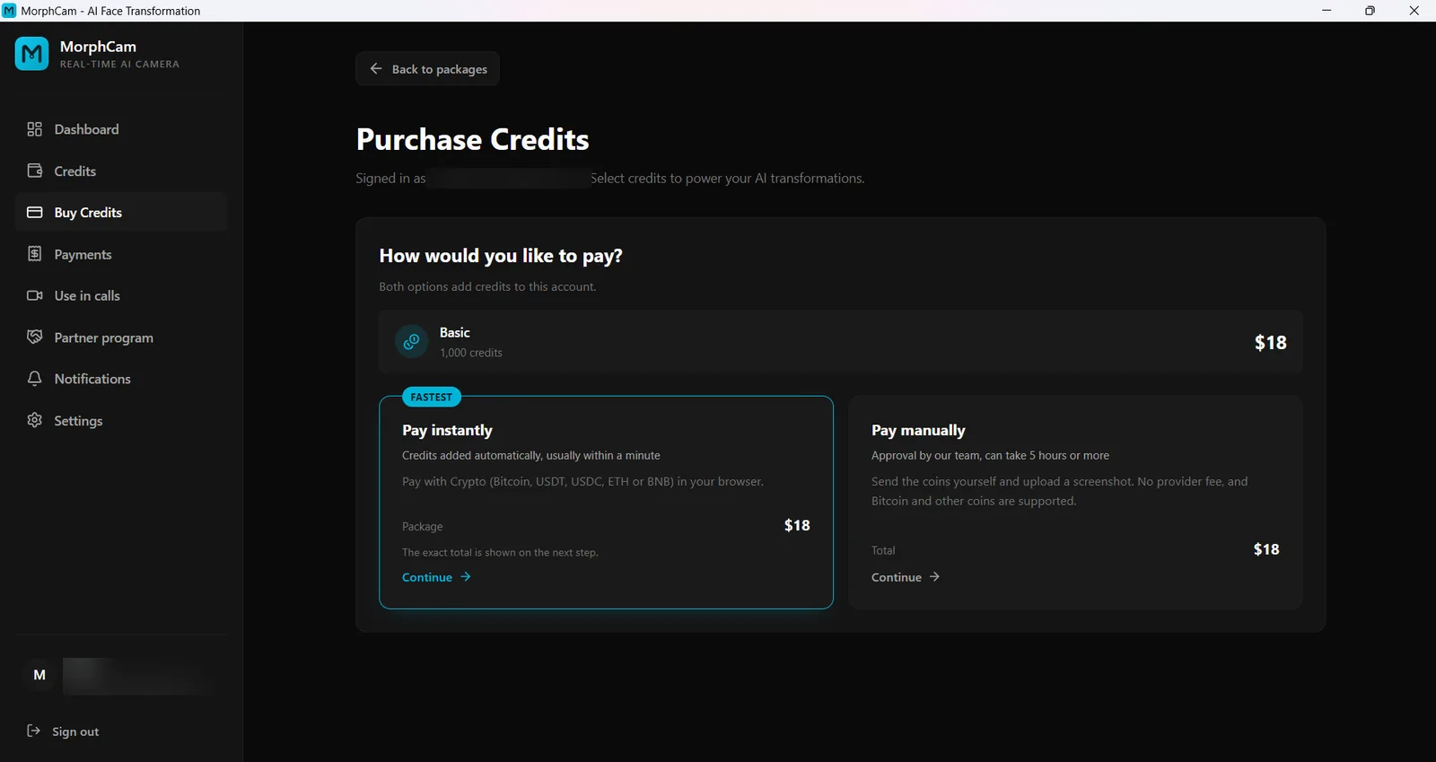 Choosing between Pay instantly and Pay manually in the MorphCam app