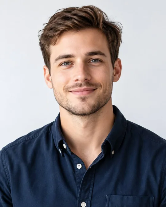 The character photo uploaded to MorphCam: a smiling man in a navy shirt