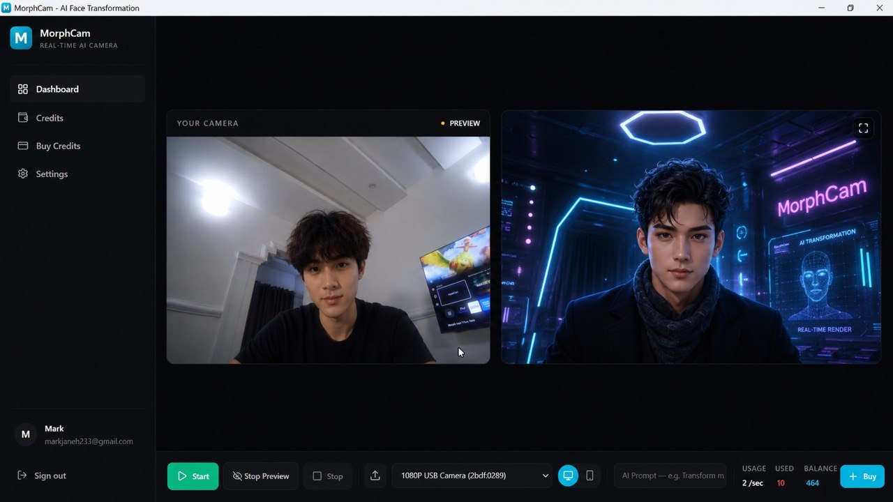 MorphCam dashboard showing a real-time AI-transformed persona