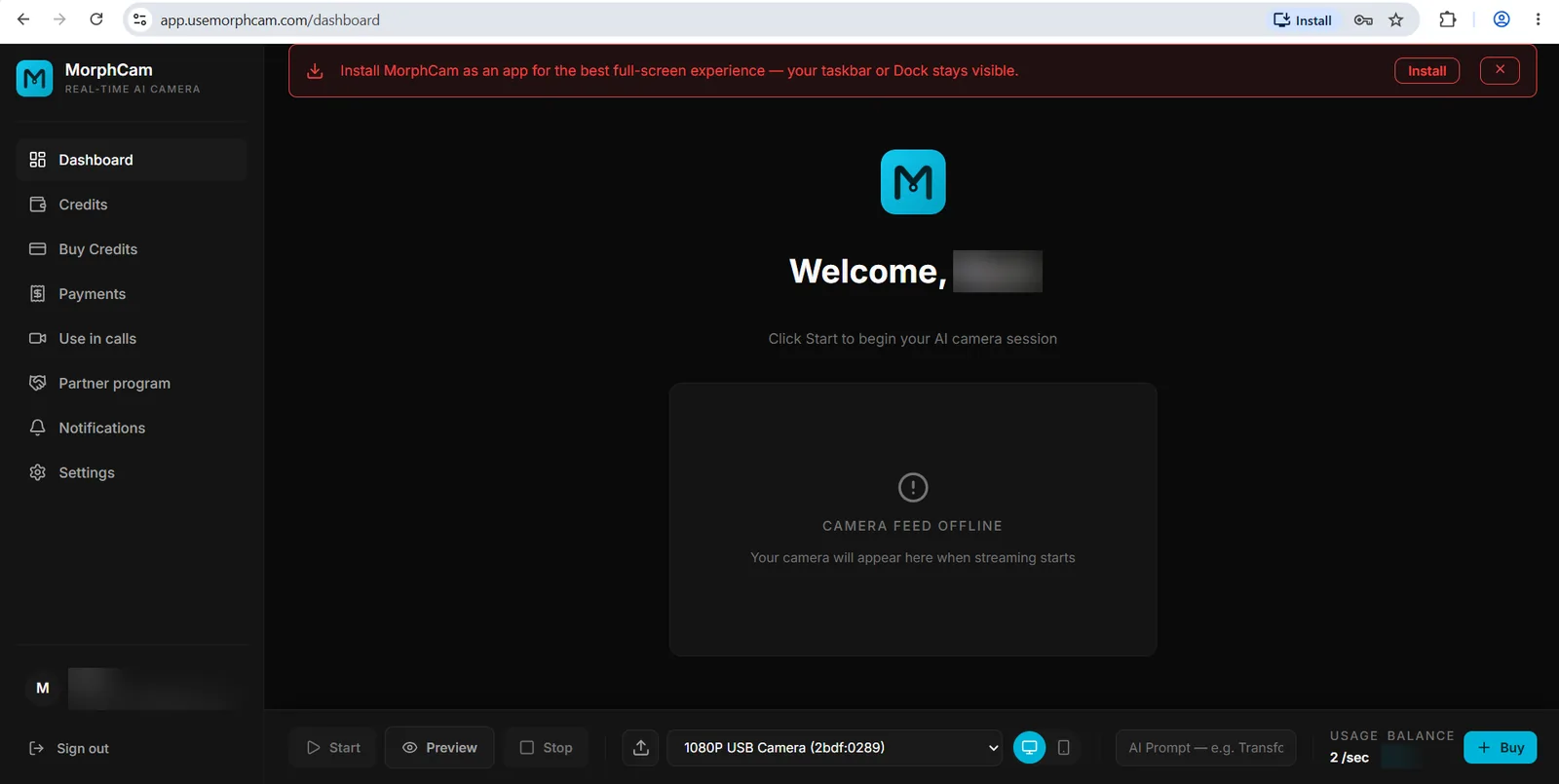 The MorphCam web app in Chrome, offering to install as an app