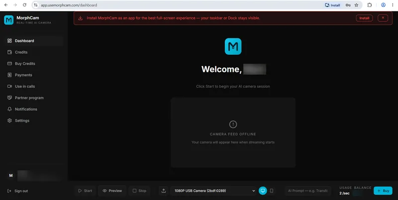The MorphCam web app in the browser, offering to install itself as an app