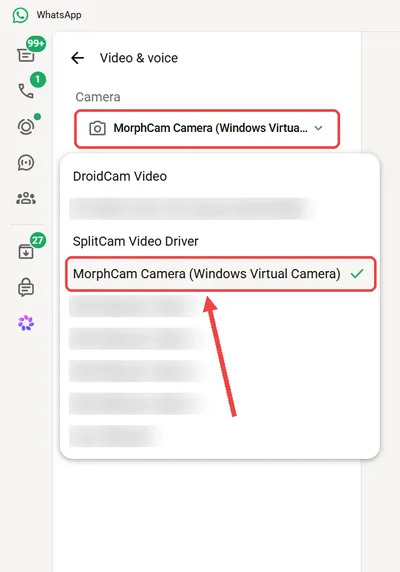 WhatsApp camera settings with MorphCam Camera (Windows Virtual Camera) selected